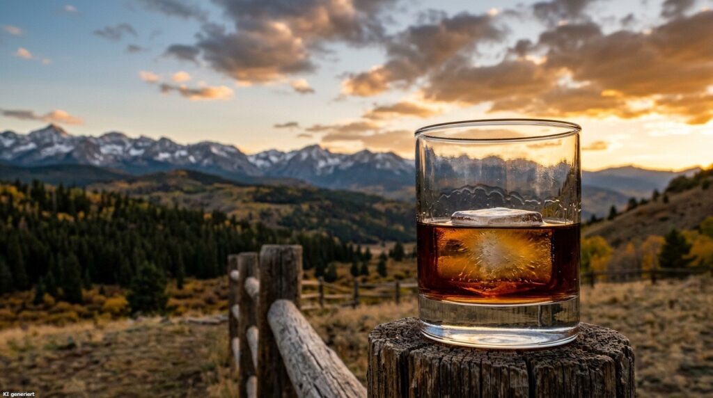 Amerikanischer Whiskey - Bourbon, Rye & Co. 2 Ein Glas Whiskey steht in der amerikanischen Landschaft.
